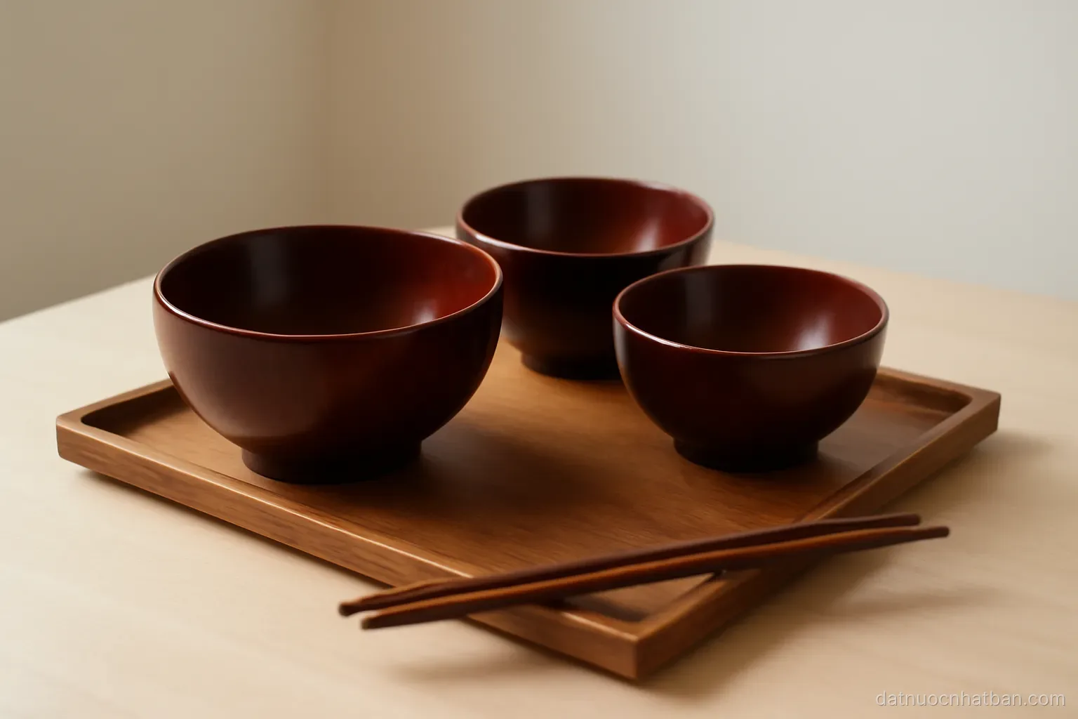 A set of empty lacquered bowls and a pair of chopsticks on a wooden tray, plain background, soft light