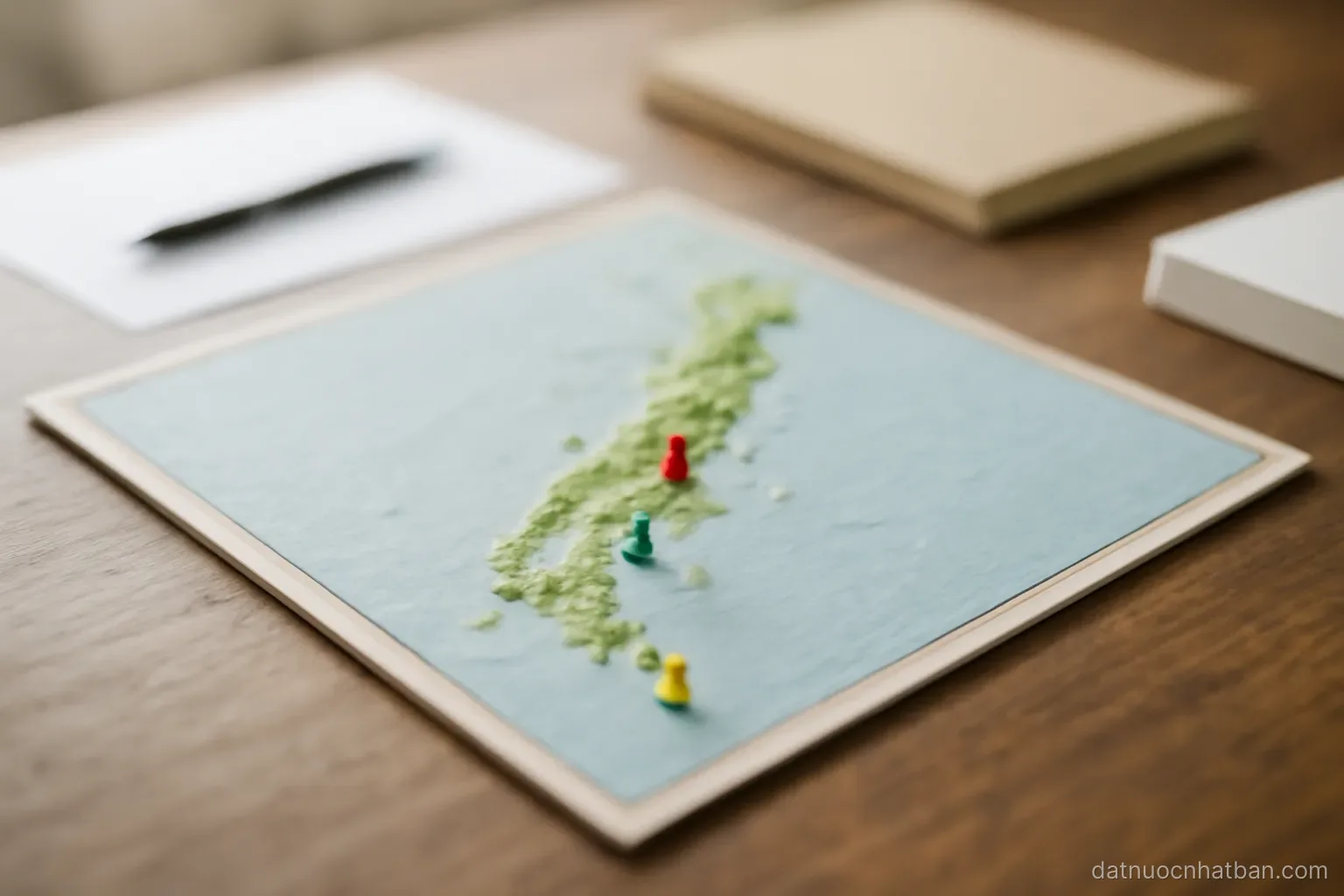 A simple relief map of a long archipelago on a wooden desk with a few coloured pins marking coastal cities, soft daylight