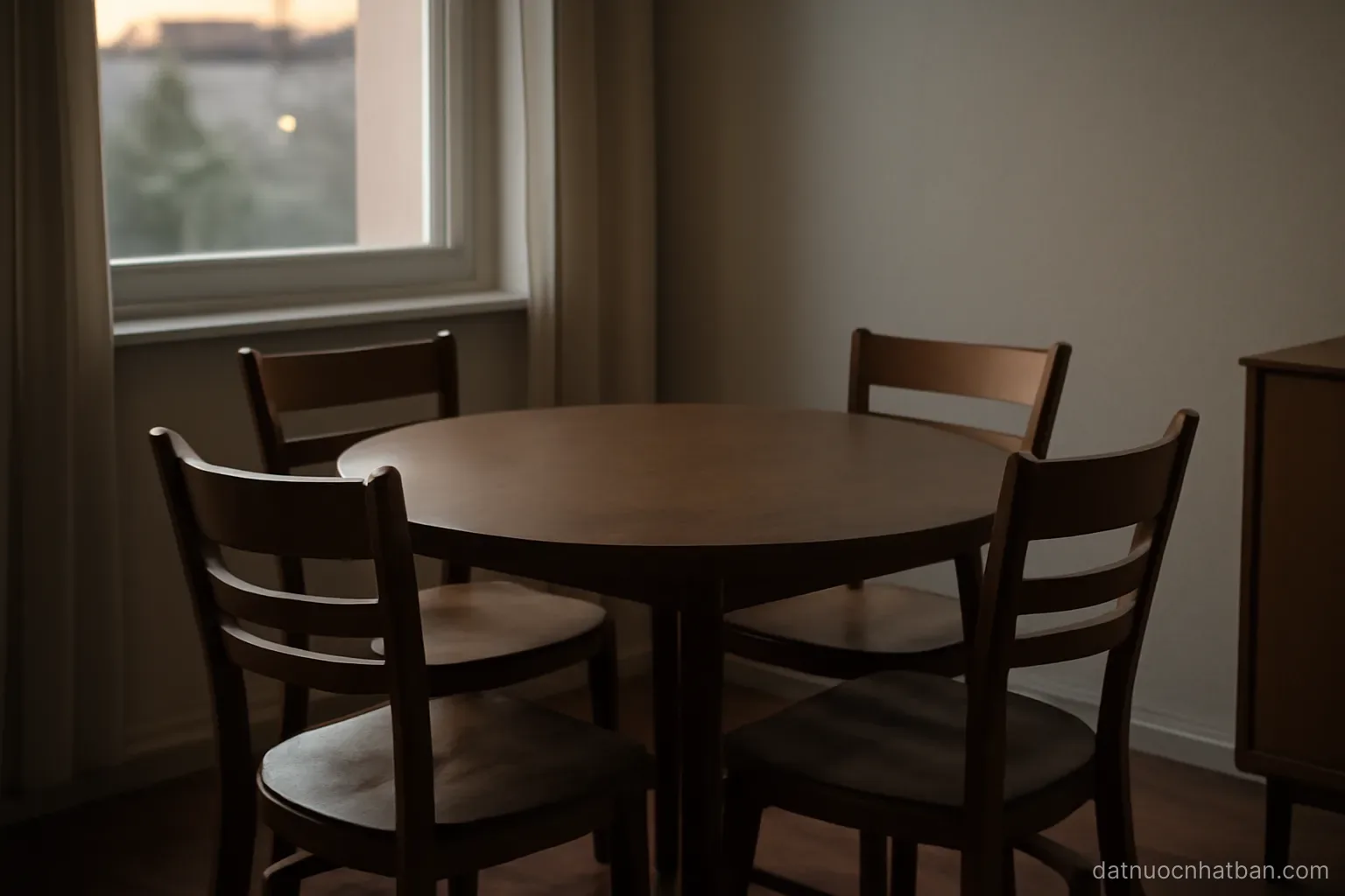 A small round dining table with four empty chairs in a simple apartment, evening light through a window
