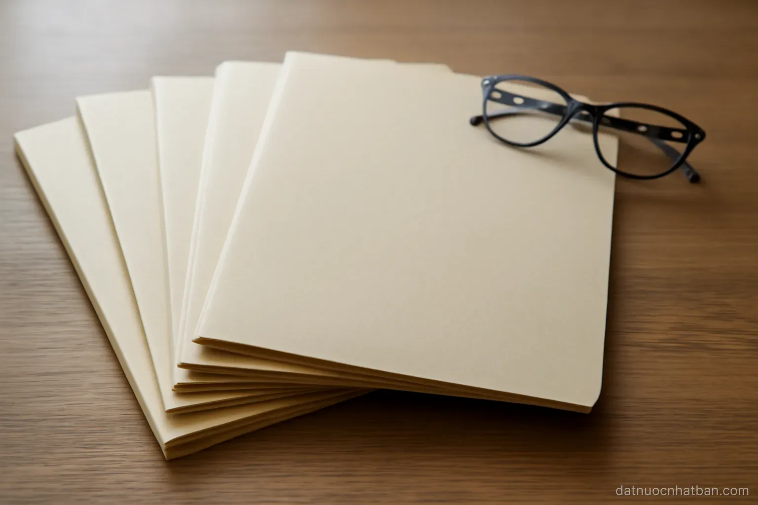 Several plain document folders of different thicknesses fanned out on a wooden desk beside a pair of glasses, soft daylight