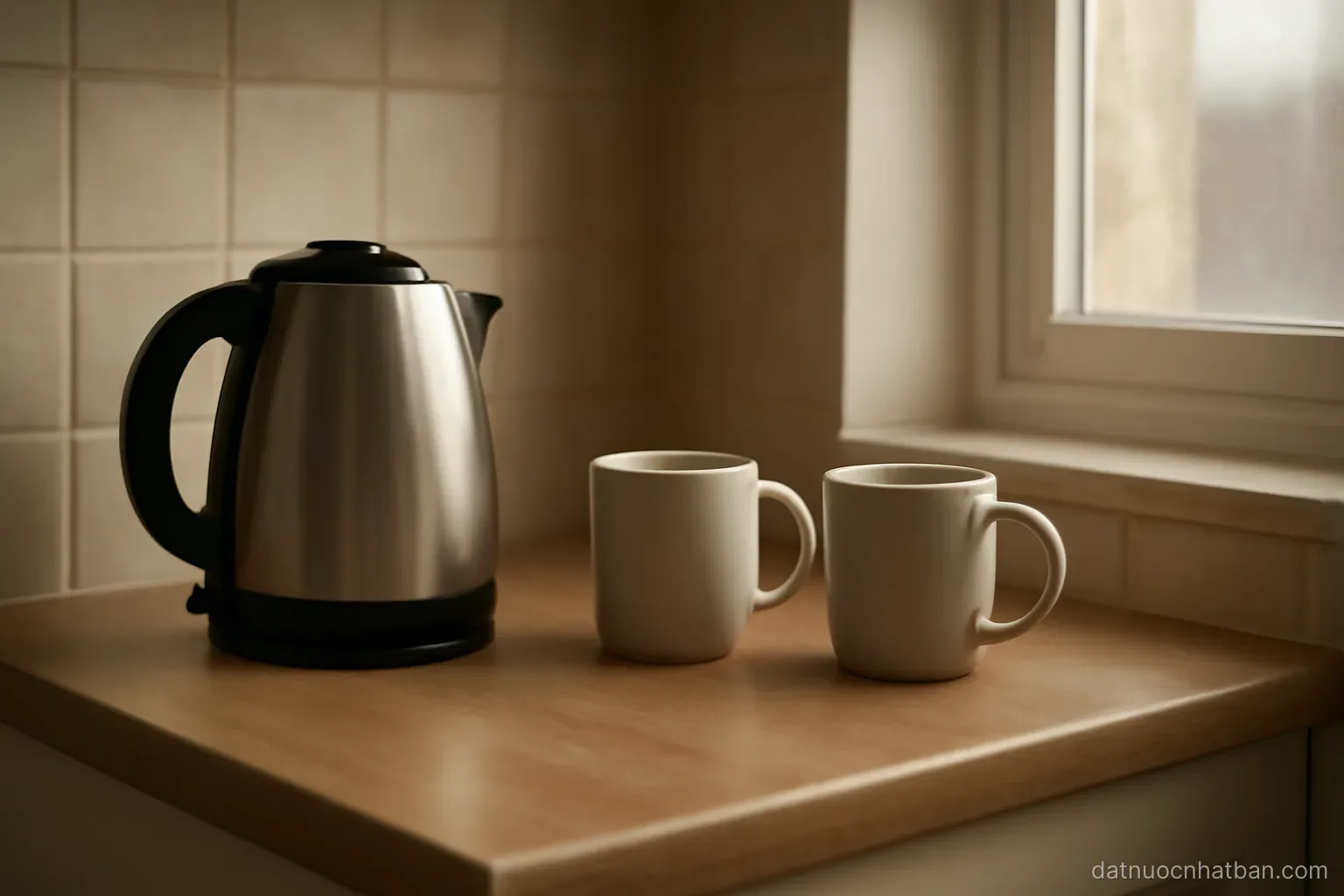 A small empty kitchen counter with a kettle and two mugs, morning light, no text or labels visible