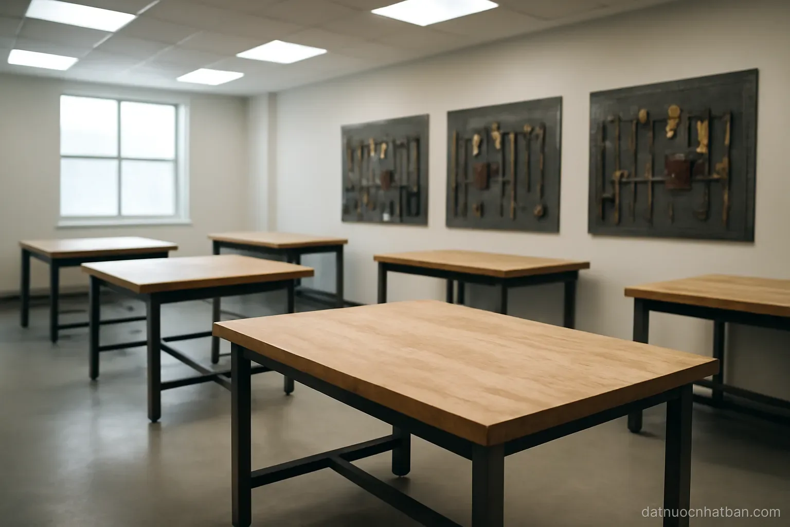 A workshop room with empty workbenches and hanging tool racks, clean floor, bright ceiling lights