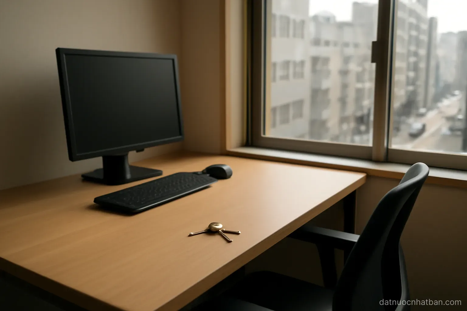 A modern small office interior in Japan with an empty desk, a window overlooking a city street and a set of keys on the table, morning light