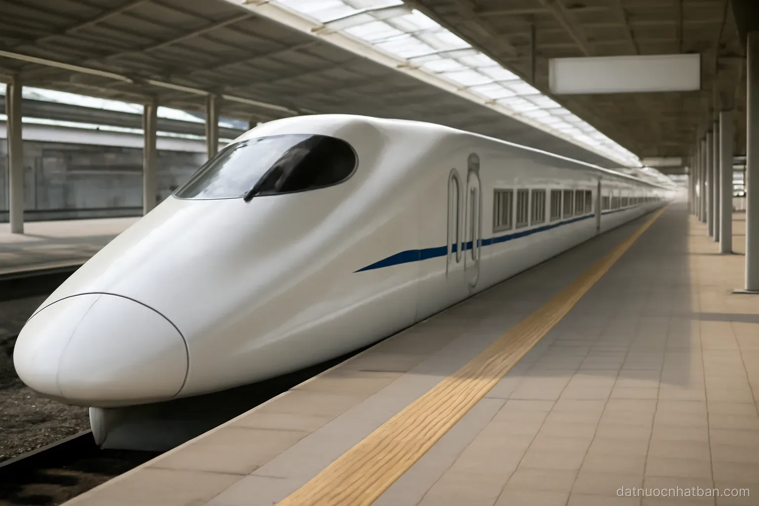 A high-speed train stopped at an empty platform seen from the side, clean lines, daylight