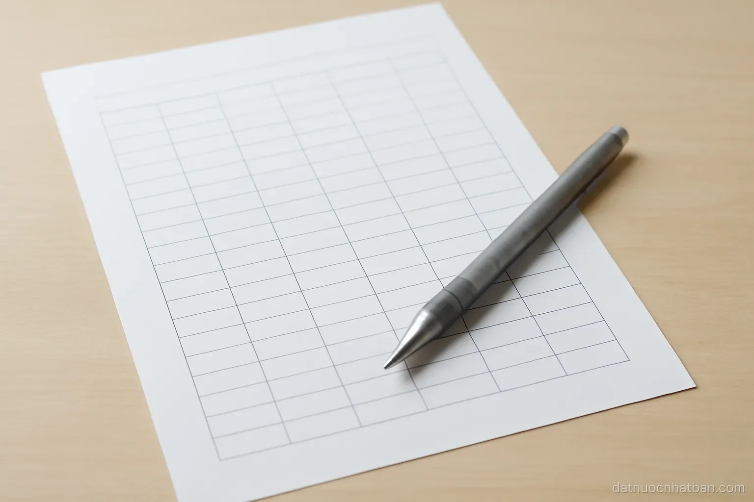 A blank scoring sheet with empty rows and a mechanical pencil resting on it, plain desk, bright even light