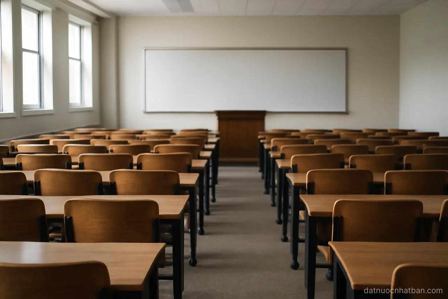 An empty lecture hall with rows of wooden seats and a blank whiteboard, daylight from high windows