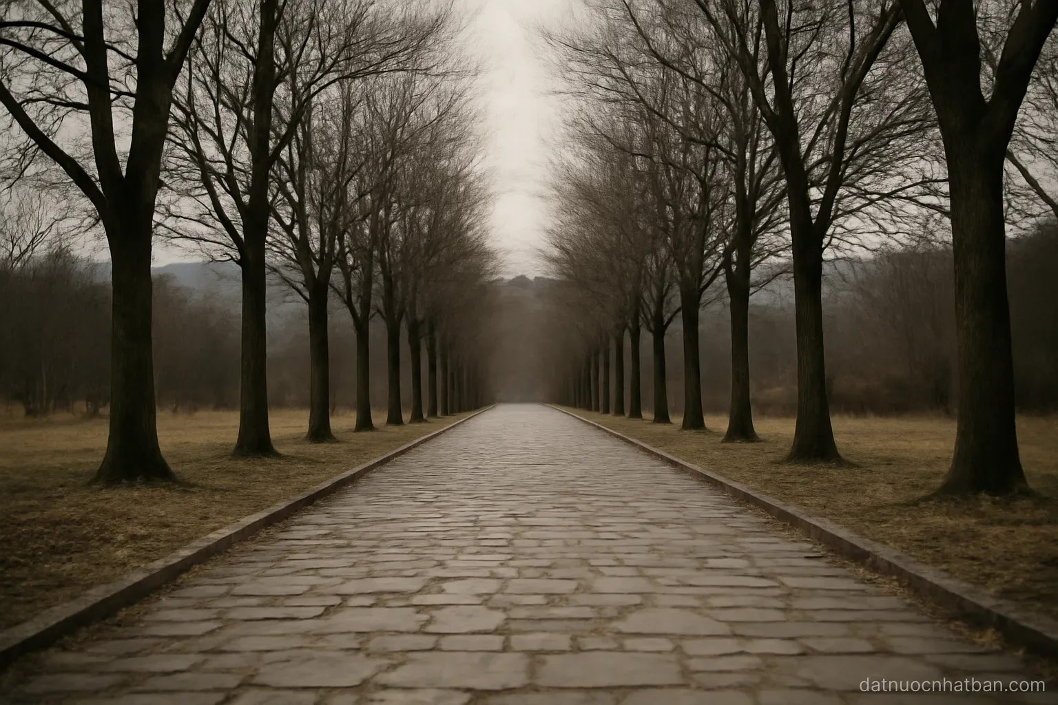 A wide empty stone path lined with bare trees leading toward distant hills, overcast sky, no people