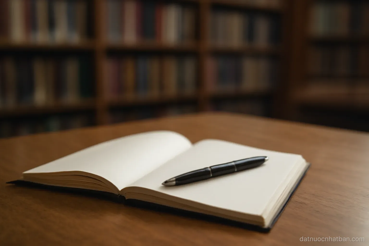 An open blank notebook with a pen laid across it on a library table, bookshelves blurred in the background