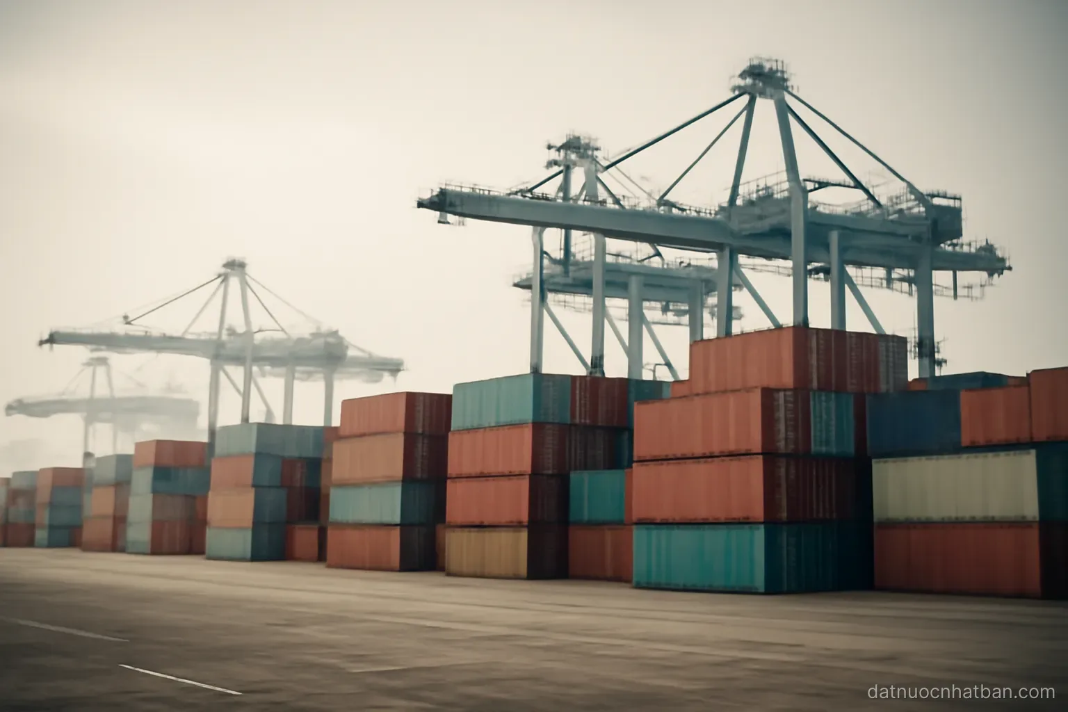 A wide view of an industrial port with stacked shipping containers and cranes, no people, hazy daylight