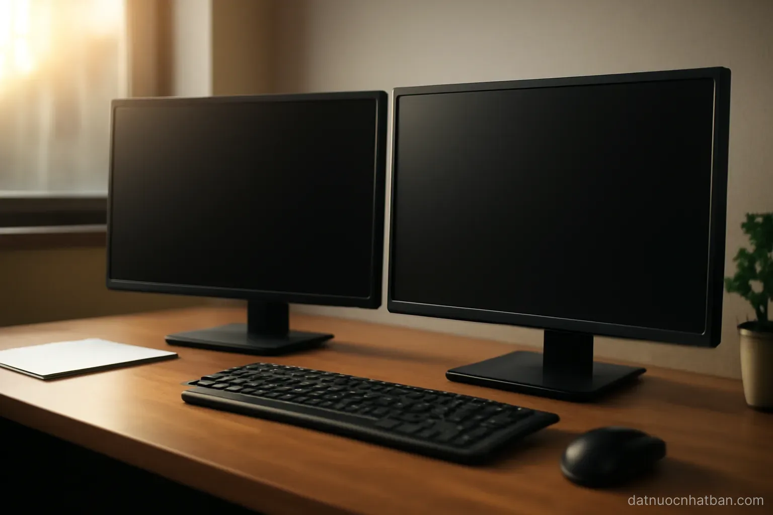 A desk with two blank monitors switched off, a keyboard and a mouse, tidy workspace, evening light