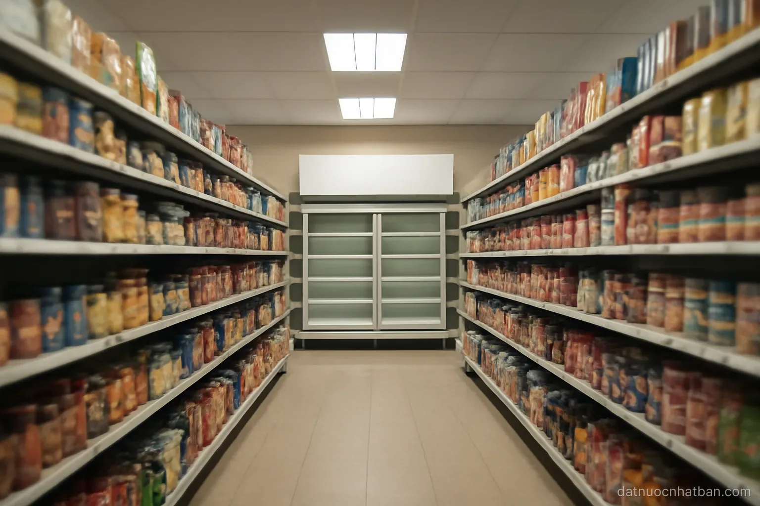 A convenience store aisle with neatly stacked shelves seen from the end, no people, even fluorescent light