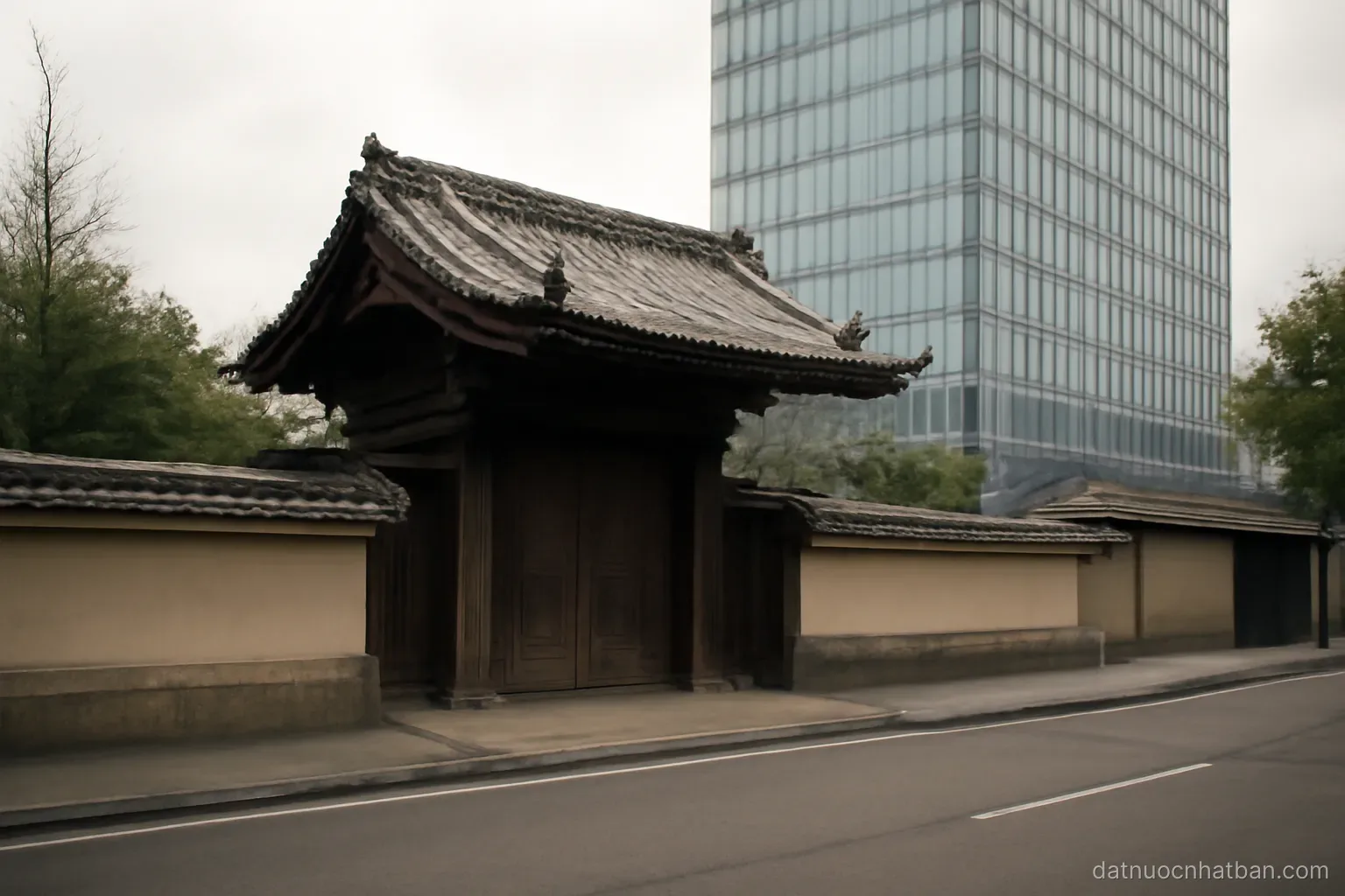 An old wooden temple gate beside a modern glass tower seen from a quiet street, overcast afternoon light
