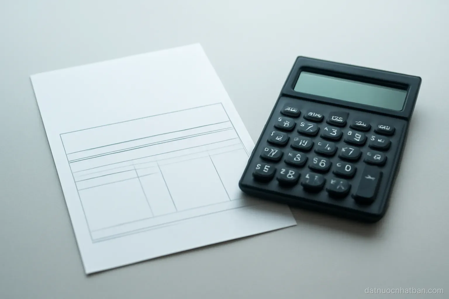 A blank payslip-sized paper and a calculator on a plain table, no numbers visible, cool daylight
