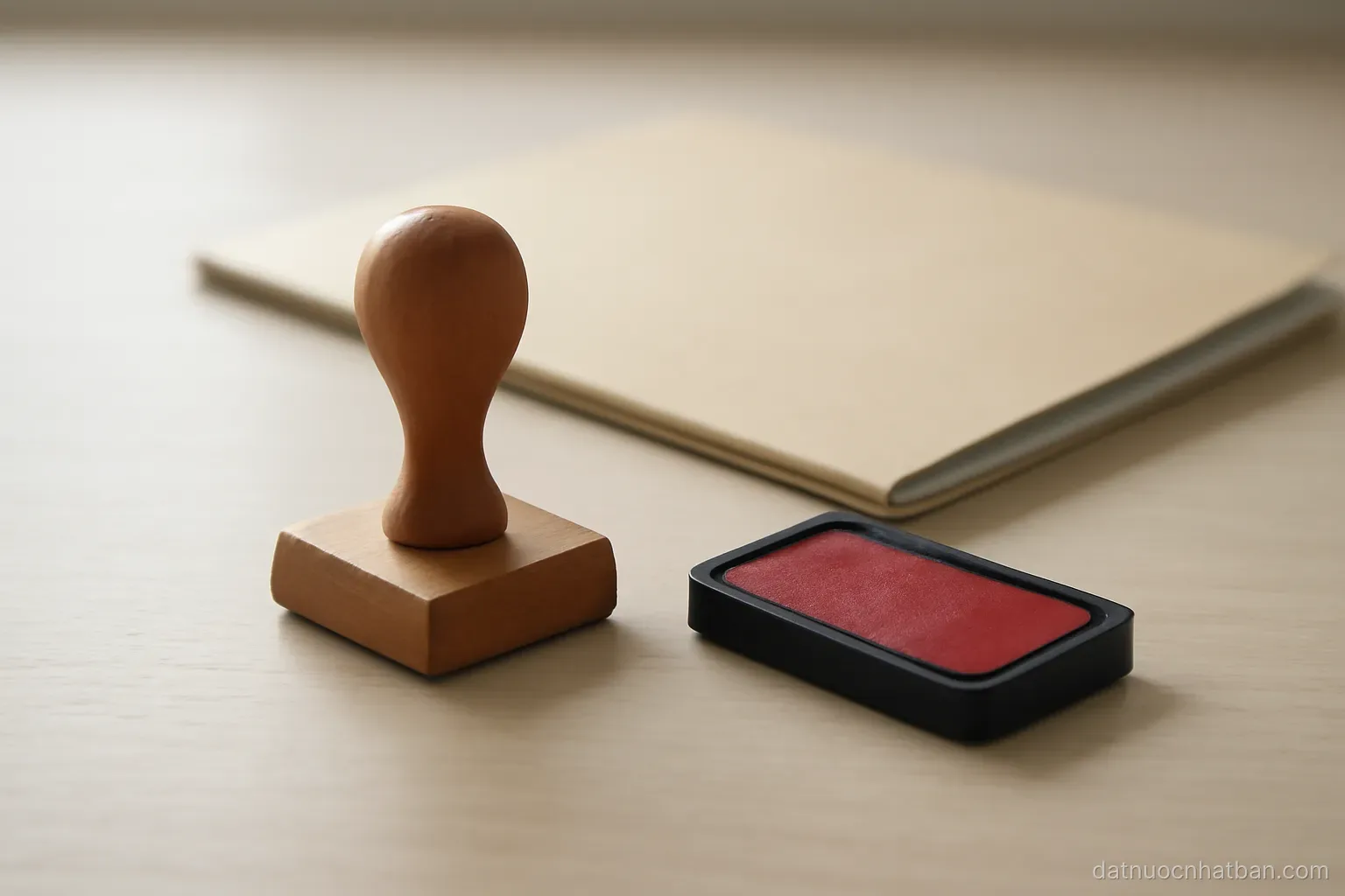 A wooden name seal and an ink pad placed beside a closed folder on a clean desk, soft overhead light
