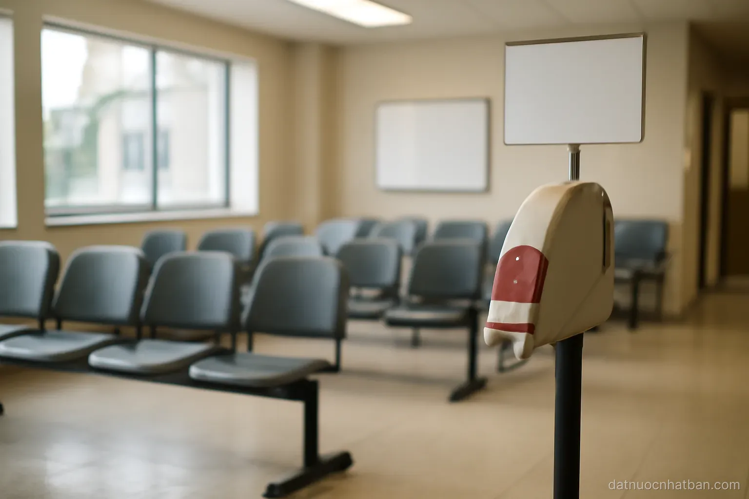A municipal office waiting area with rows of empty chairs and a numbered ticket dispenser, bright lighting