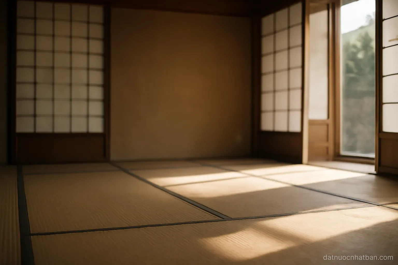 An empty room with tatami flooring and sliding paper doors, no furniture, afternoon light falling across the floor