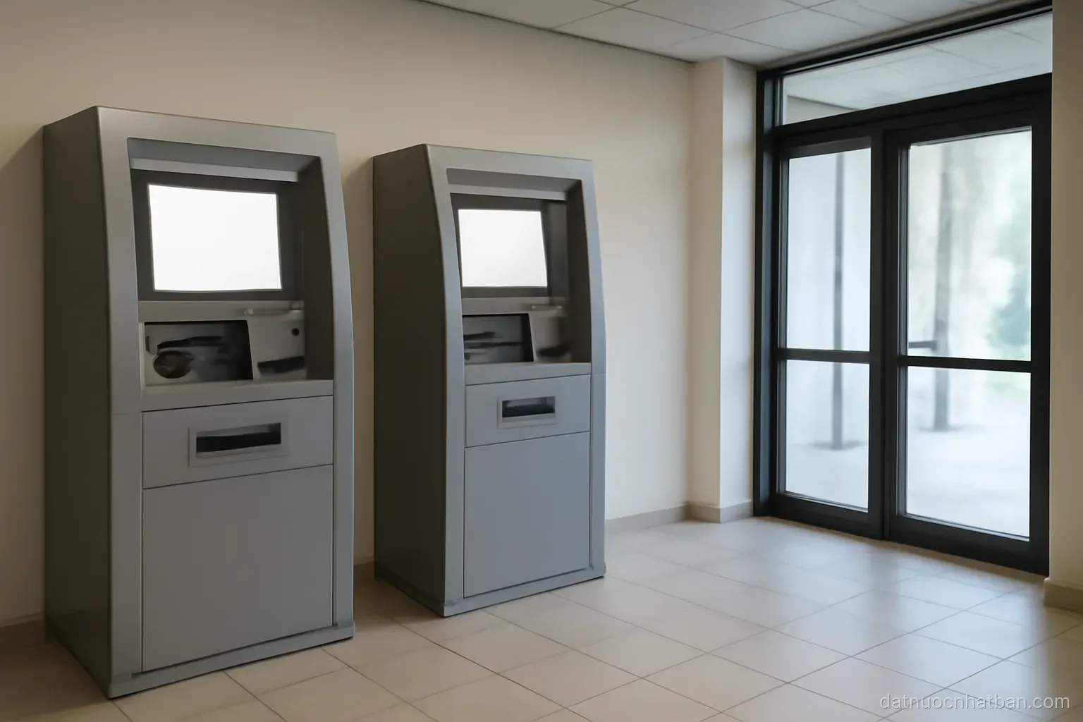 An ATM lobby with two machines and a glass door, no people, clean tiled floor, bright light