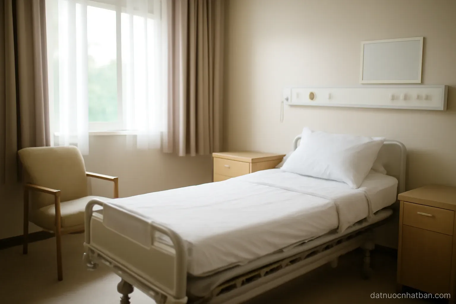 A tidy care-facility room with an empty adjustable bed and a chair by the window, soft daylight