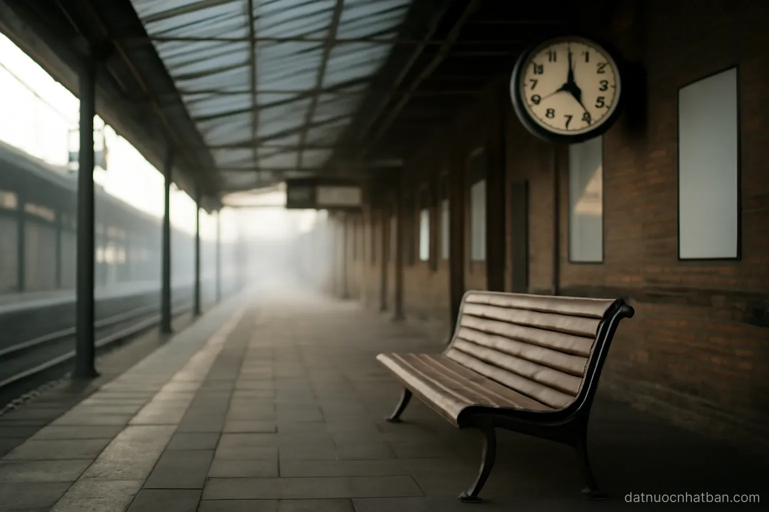An early morning commuter platform with an empty bench and a clock on the wall, pale light through glass roof, no people