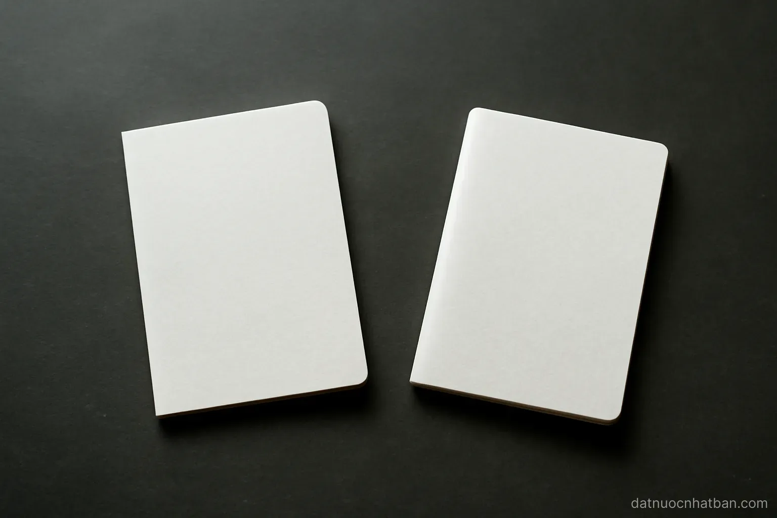 Two blank passport-sized booklets lying apart on a dark table with a small distance between them, even overhead light