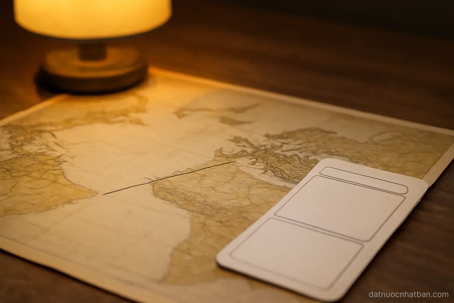 A world map fragment on a desk with a thin line drawn between two coastal points and a boarding pass lying beside it, warm lamp light