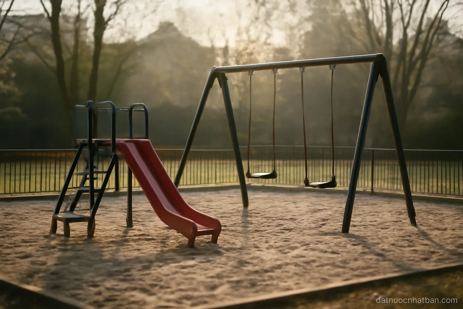 A small empty playground with a slide and swings on sand, low fence around it, quiet morning light
