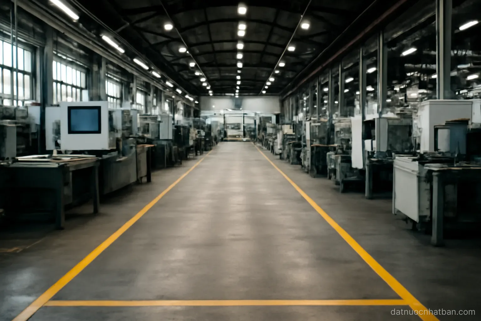 An empty factory floor with machinery lines and painted walkway markings, overhead lights on, no workers