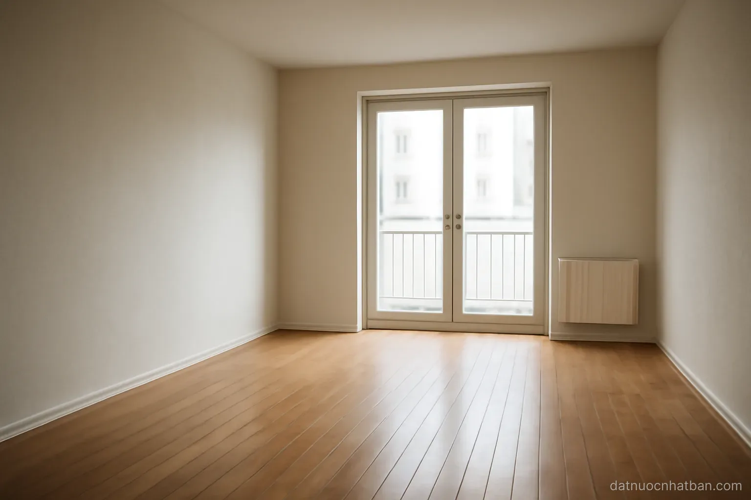 An empty apartment room with wooden flooring and a closed balcony door, bare walls, daylight