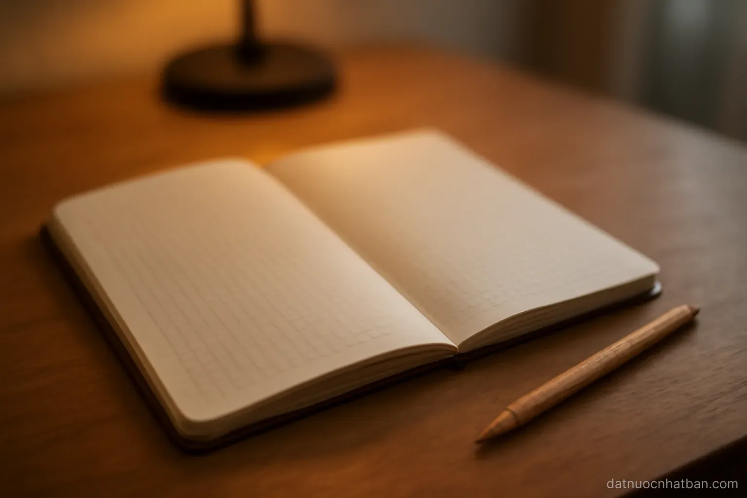 A blank practice notebook with faint grid squares open on a desk, a pencil beside it, warm desk lamp light