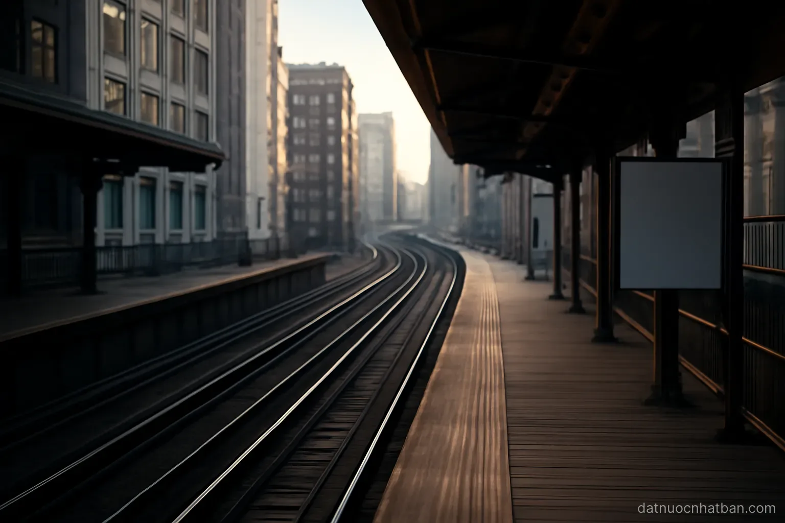 An elevated railway platform with tracks curving away between tall buildings, early morning, empty of people
