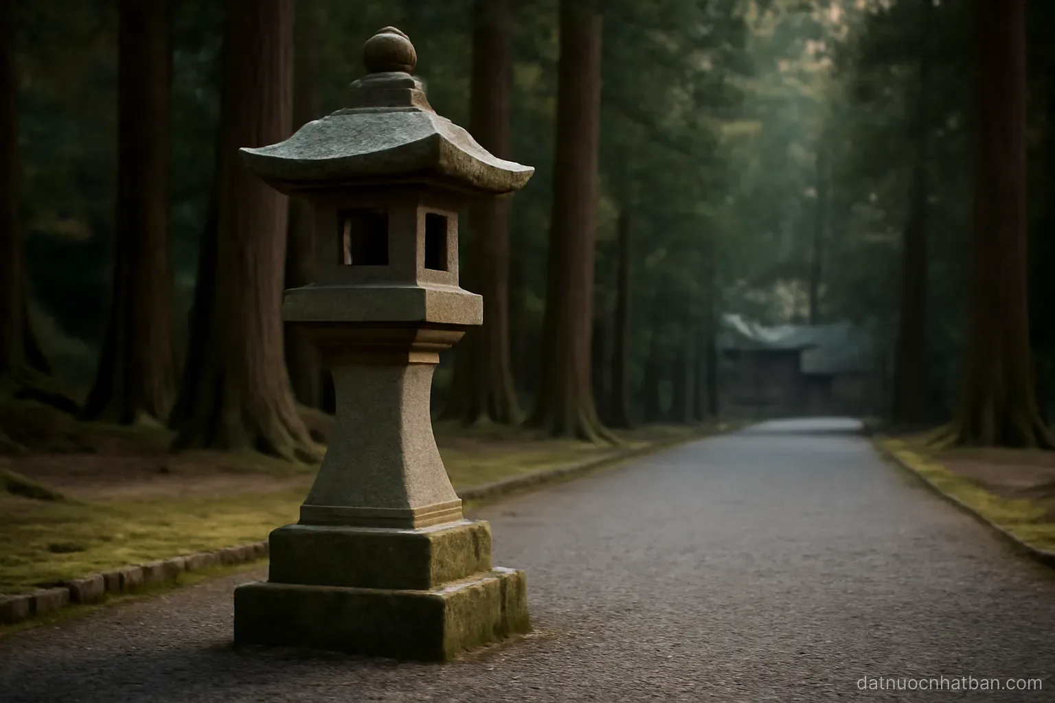 A stone lantern beside a gravel path at a shrine grounds, tall cedar trees behind, quiet early light