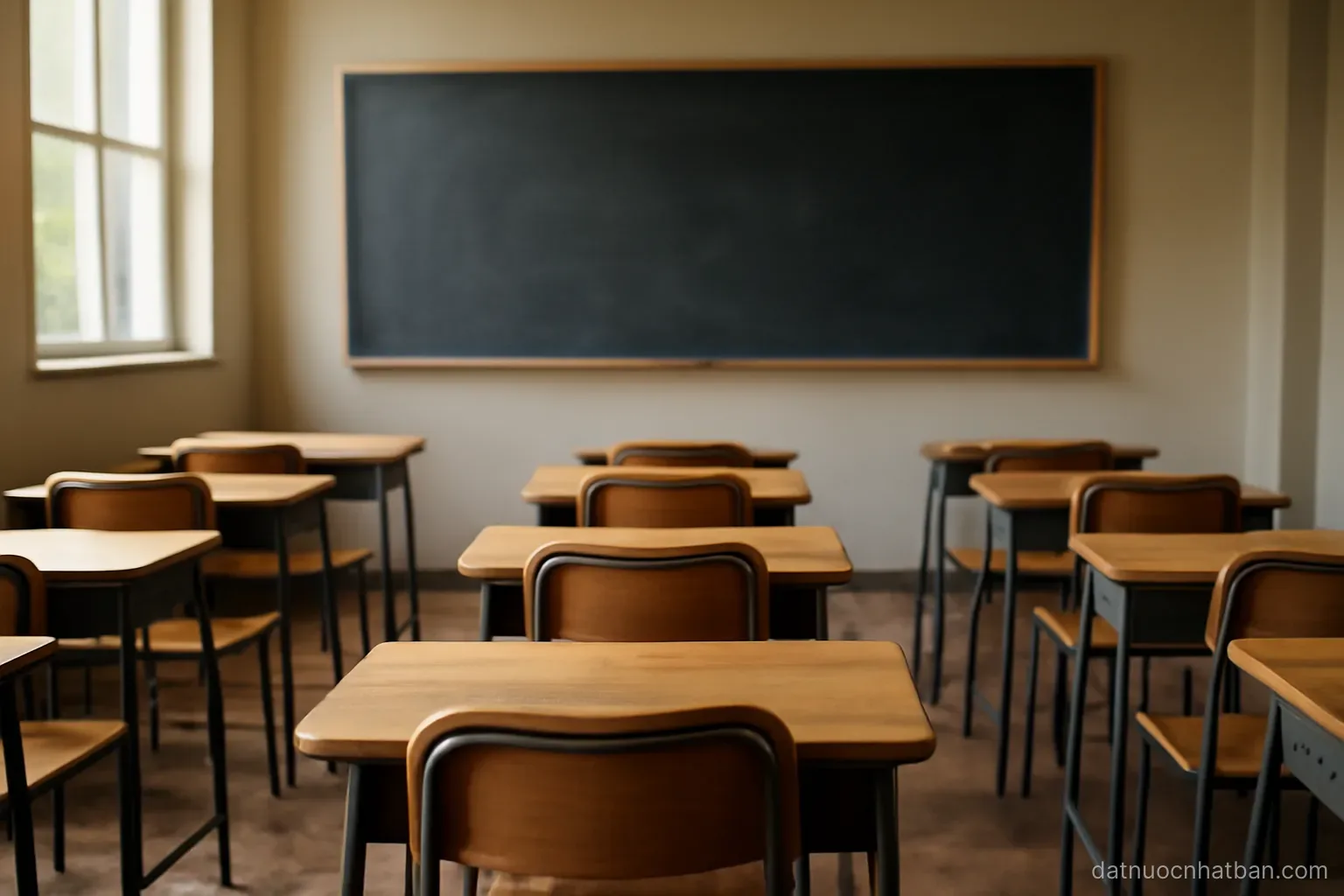 A classroom with small desks arranged in rows facing a clean blackboard, empty chairs, afternoon light