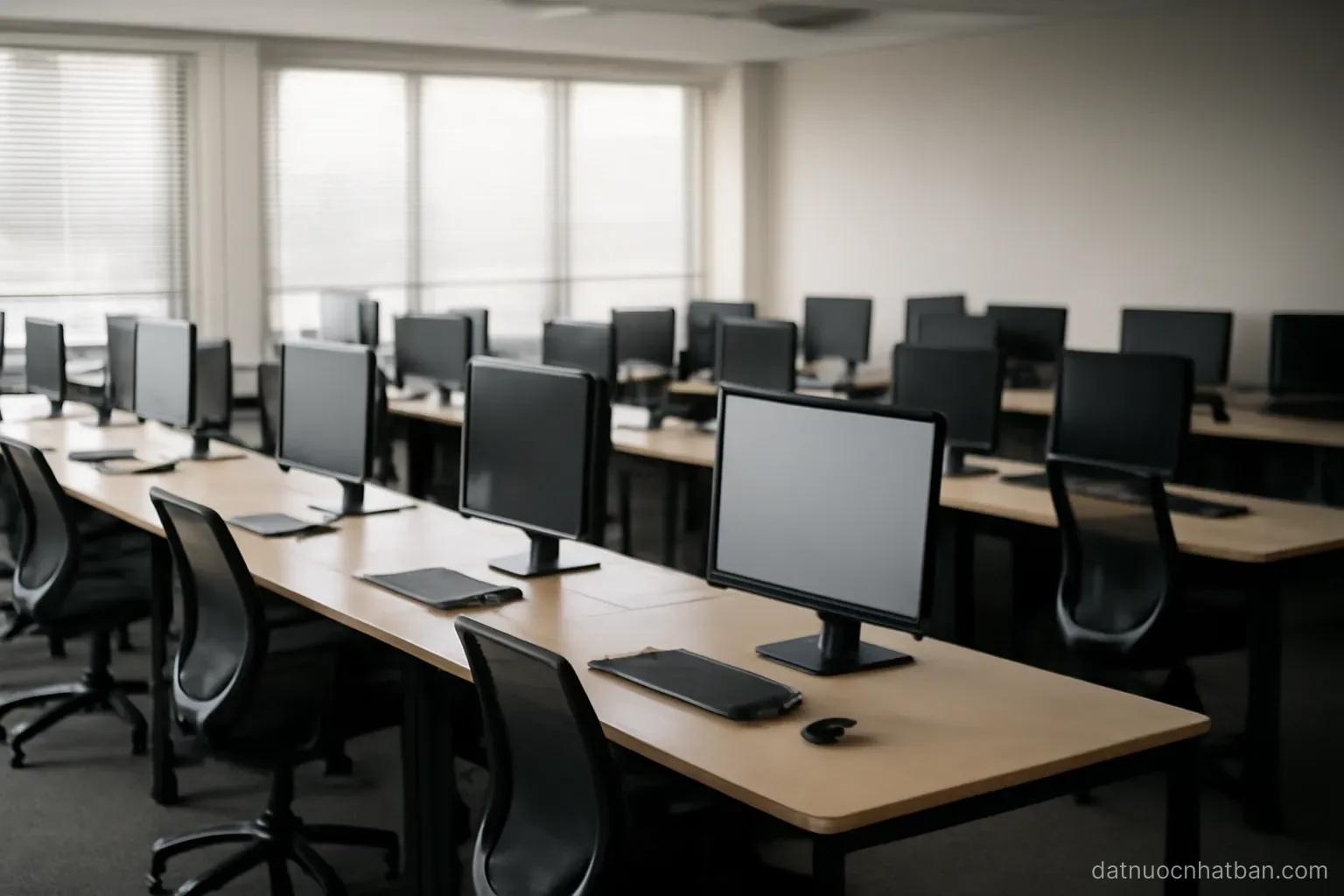 An open-plan office with rows of empty desks facing each other and closed blinds, still air, neutral lighting