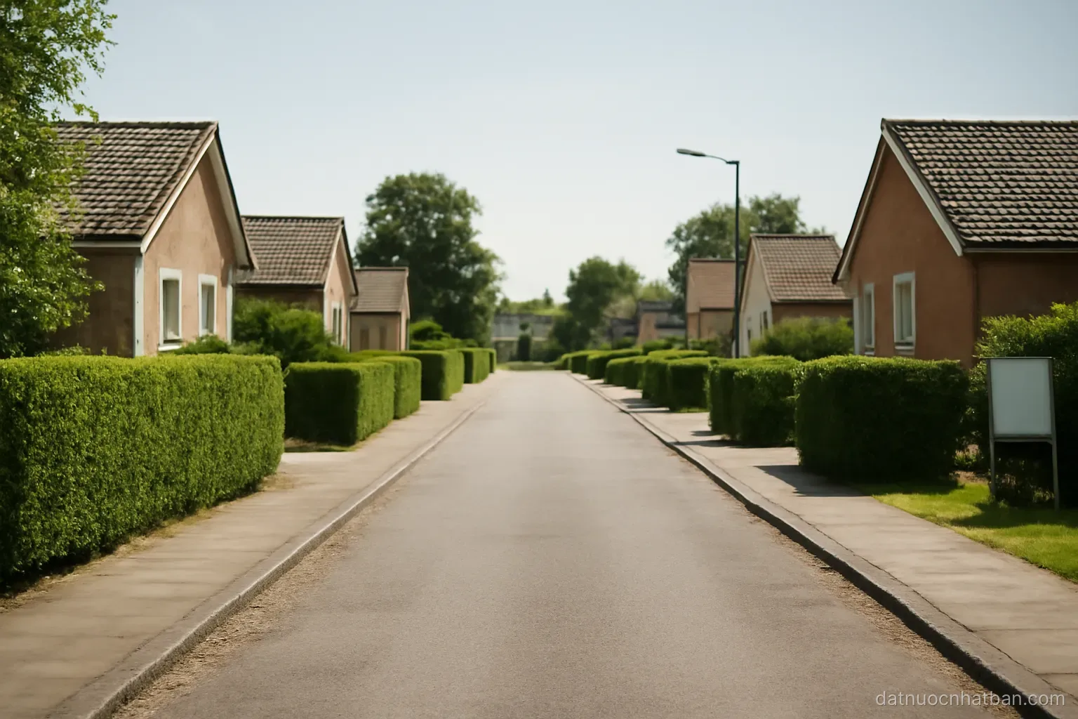 A quiet residential street with low houses and neatly trimmed hedges, no cars or people, midday light
