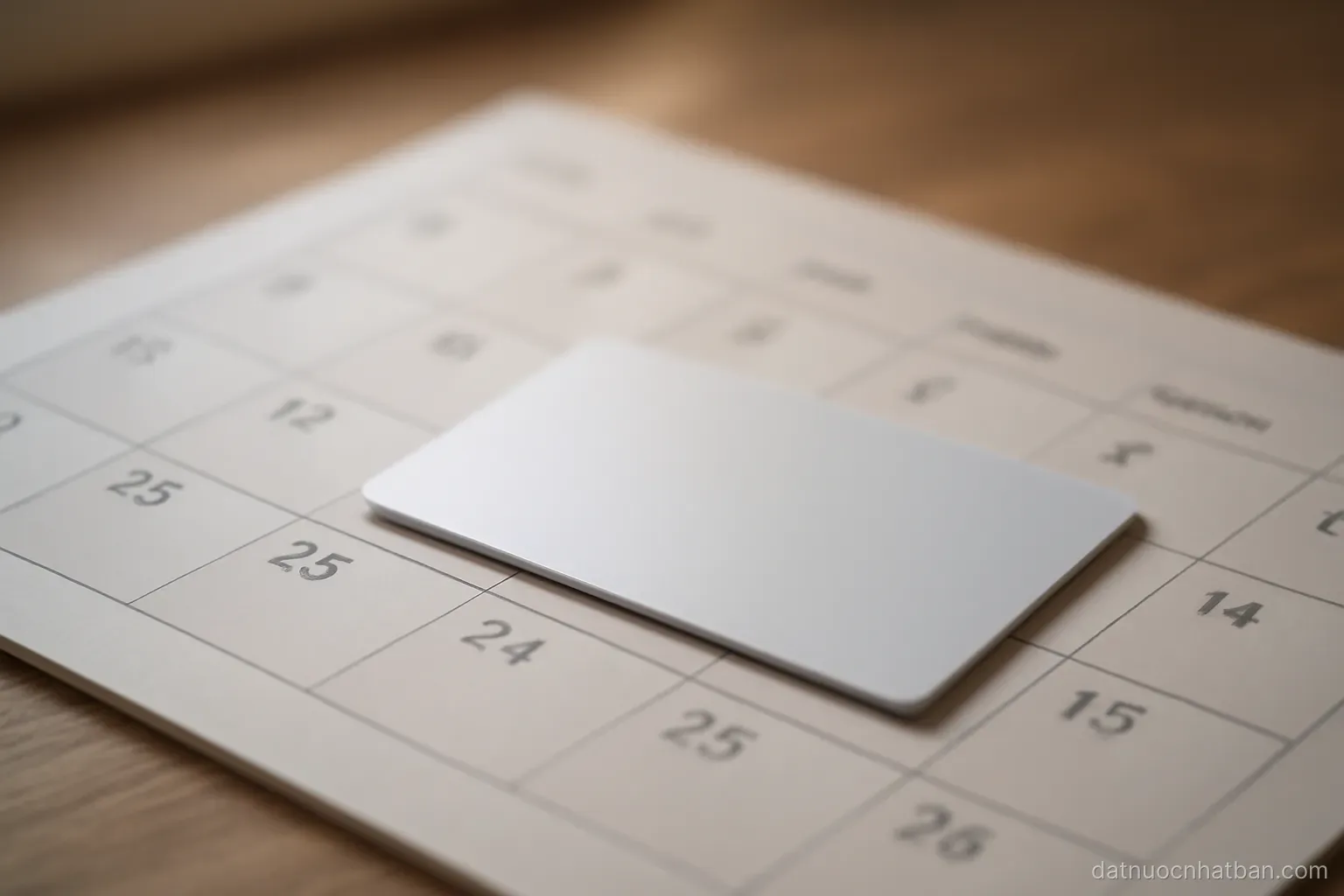 A residence card sized blank plastic card lying on a calendar page on a desk, natural window light, no text visible