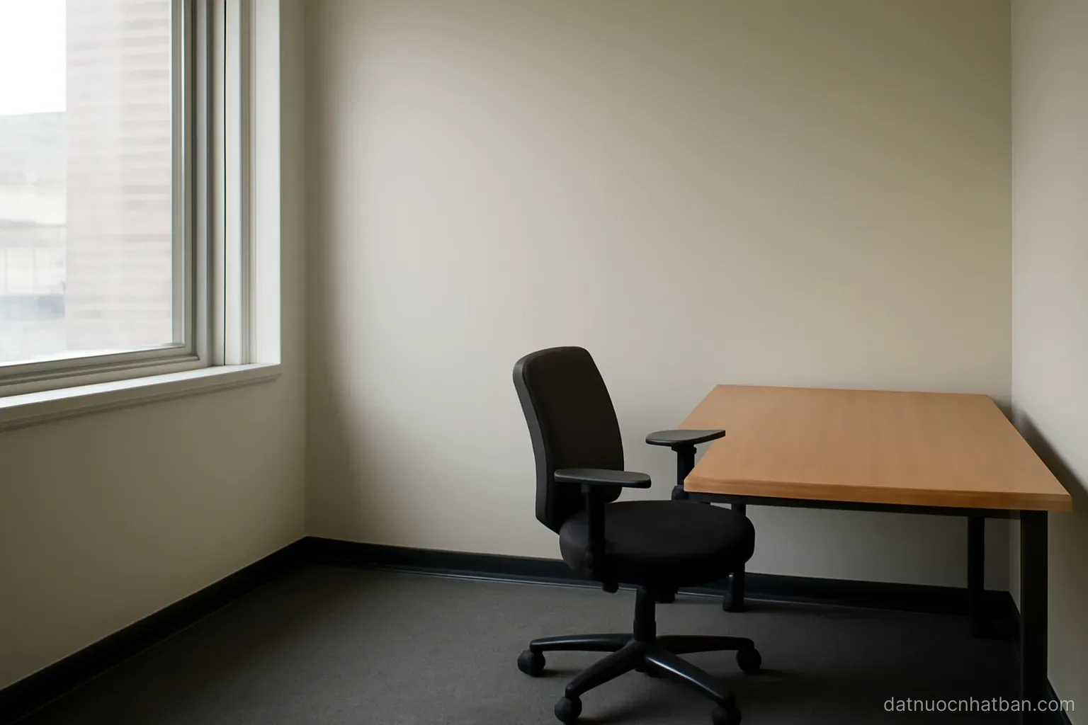 A small empty office room with a desk, an office chair and a bare wall, natural light through a large window