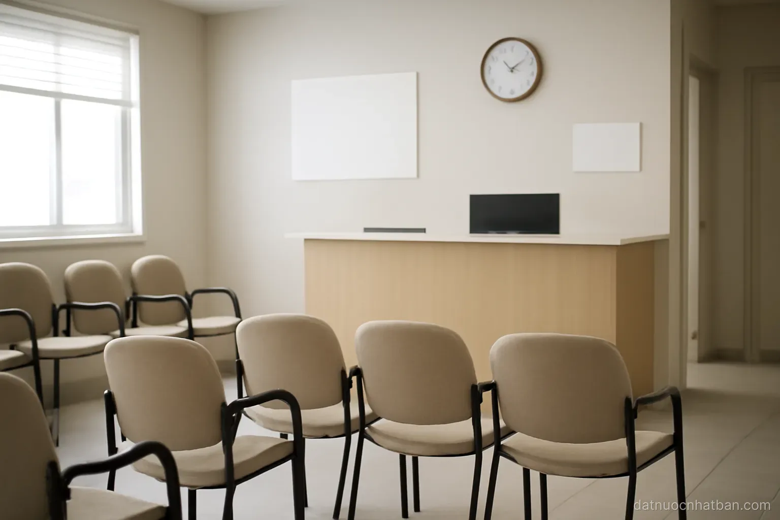A clinic waiting room with empty chairs, a reception counter and a wall clock, clean neutral interior